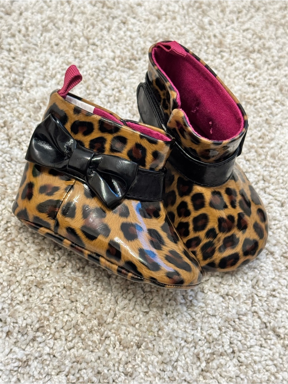 Koala Kids Leopard Print Baby Boots with Black Bow and Pink Lining
